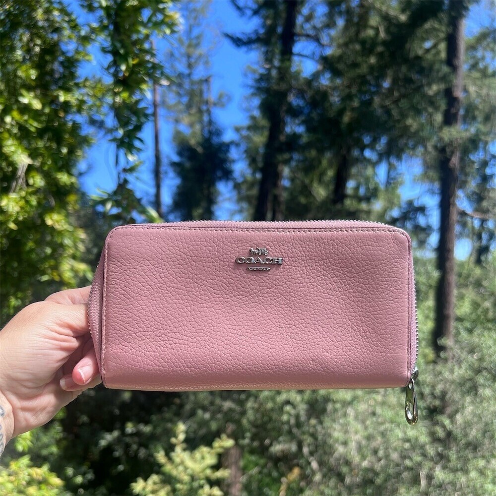 COACH PINK Pebble Leather Long Zip-Around Wallet with Silver Hardware AUTHENTIC